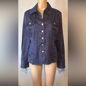 Tria Women's Jacket Size L Button Up Pleated Long Sleeve Cotton Blend Pockets